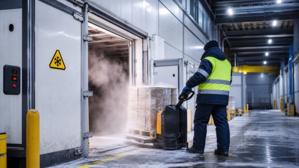 Salarié équipé contre le froid travaillant près d'une chambre froide avec signalisation de sécurité